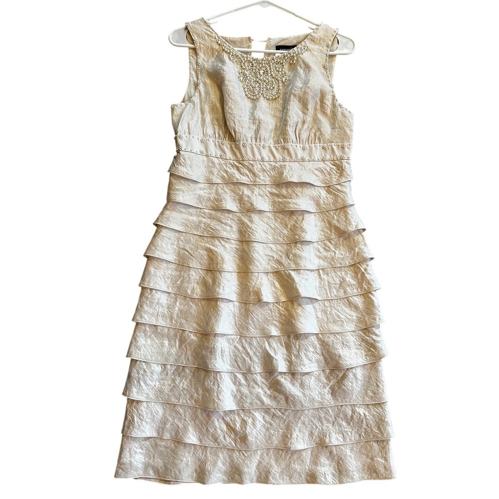 Adrianna Papell Champagne Metallic Tiered Ruffle Pearl Embellished Dress Size‎ 8